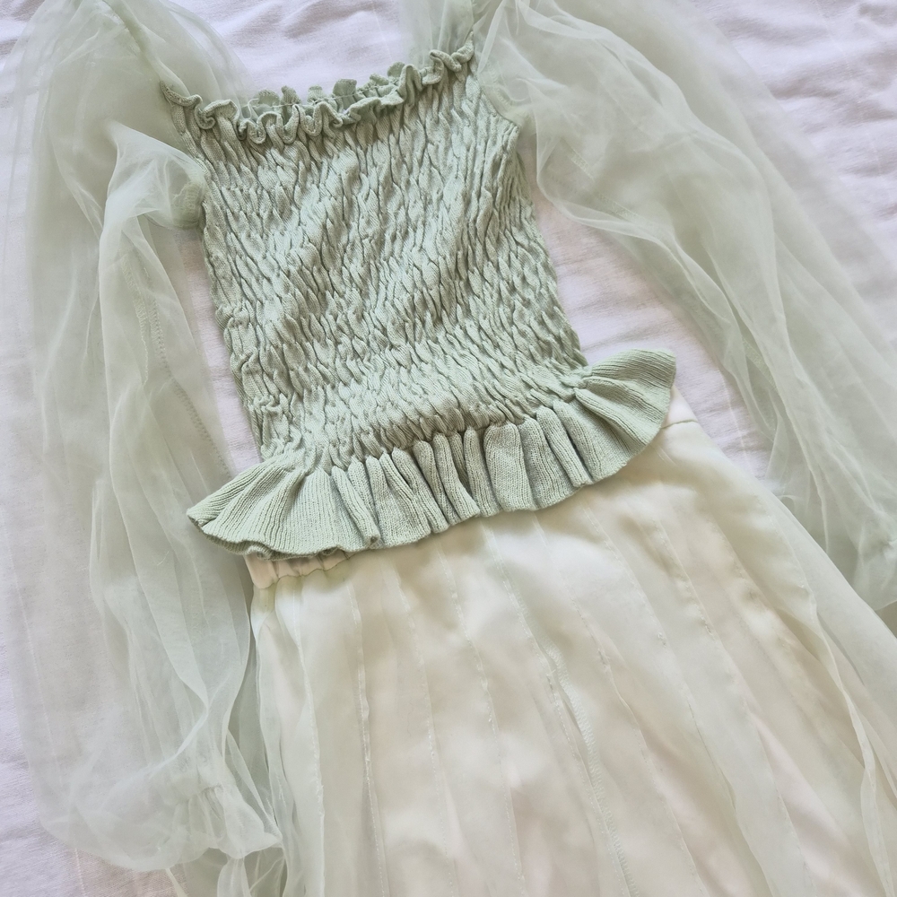 Japanese Brand snidel Light Green Strechy Top With Mesh Sleeve And Mesh Skirt